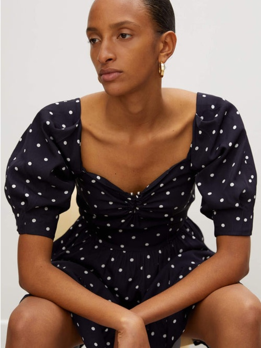 ROHE Margarita Dress White Navy Polka Dot Puff Sleeve Mini Size 36/ US 6 - Picture 4 of 16